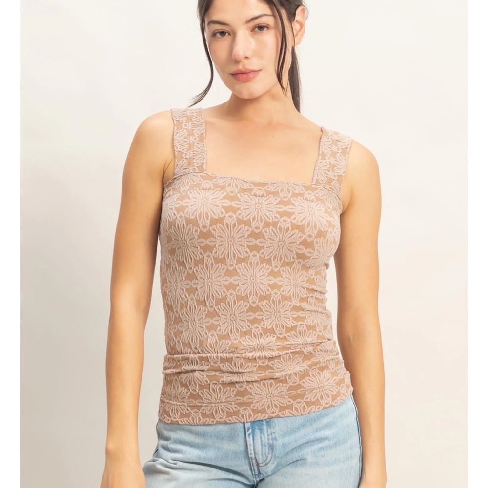 NEW HYFVE Taupe Floral Jacquard Square Neck Tank S M L - Picture 6 of 7